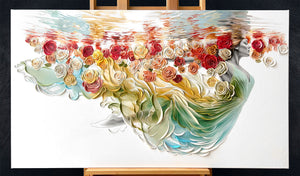 Painting of a woman underwater floating with dress and colorful flowers