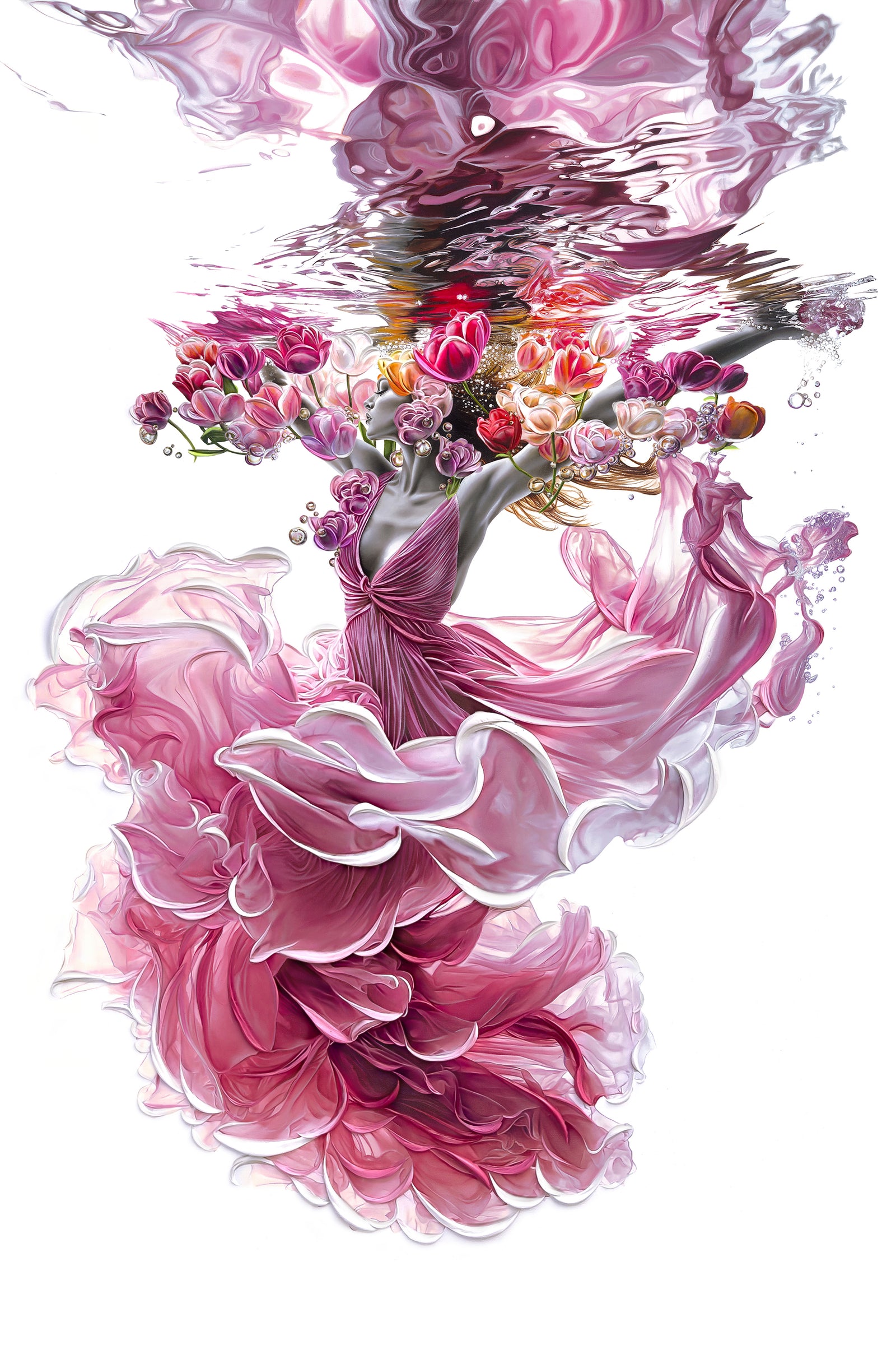 Painting of a woman underwater with pink flowing dress, flowers and reflexions
