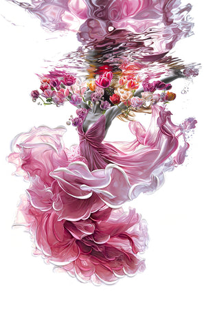 Painting of a woman underwater with pink flowing dress, flowers and reflexions