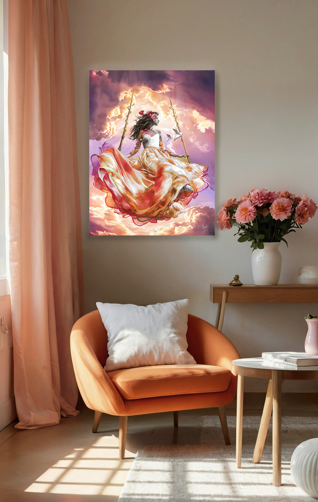 Painting of a woman on a swing emerging from a stormy cloudy sky with origami birds