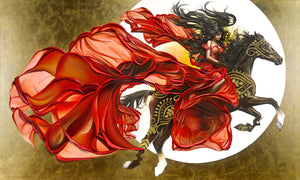 Painting of a woman in a red dress riding a black horse with 24K gold background