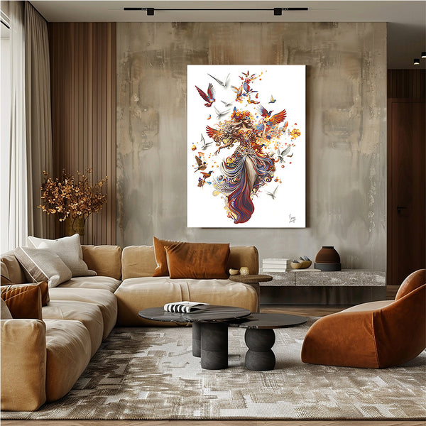 Wings of Freedom- Painting of a woman with wings and birds