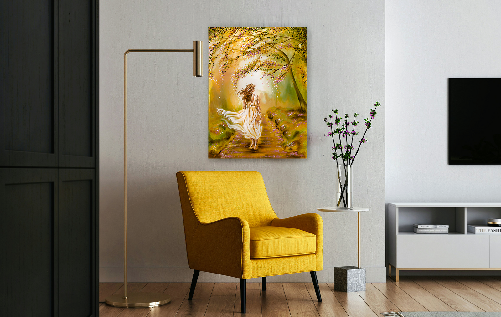 "A Walk in the Park" figure painting of a woman walking in a park in the spring with white dress