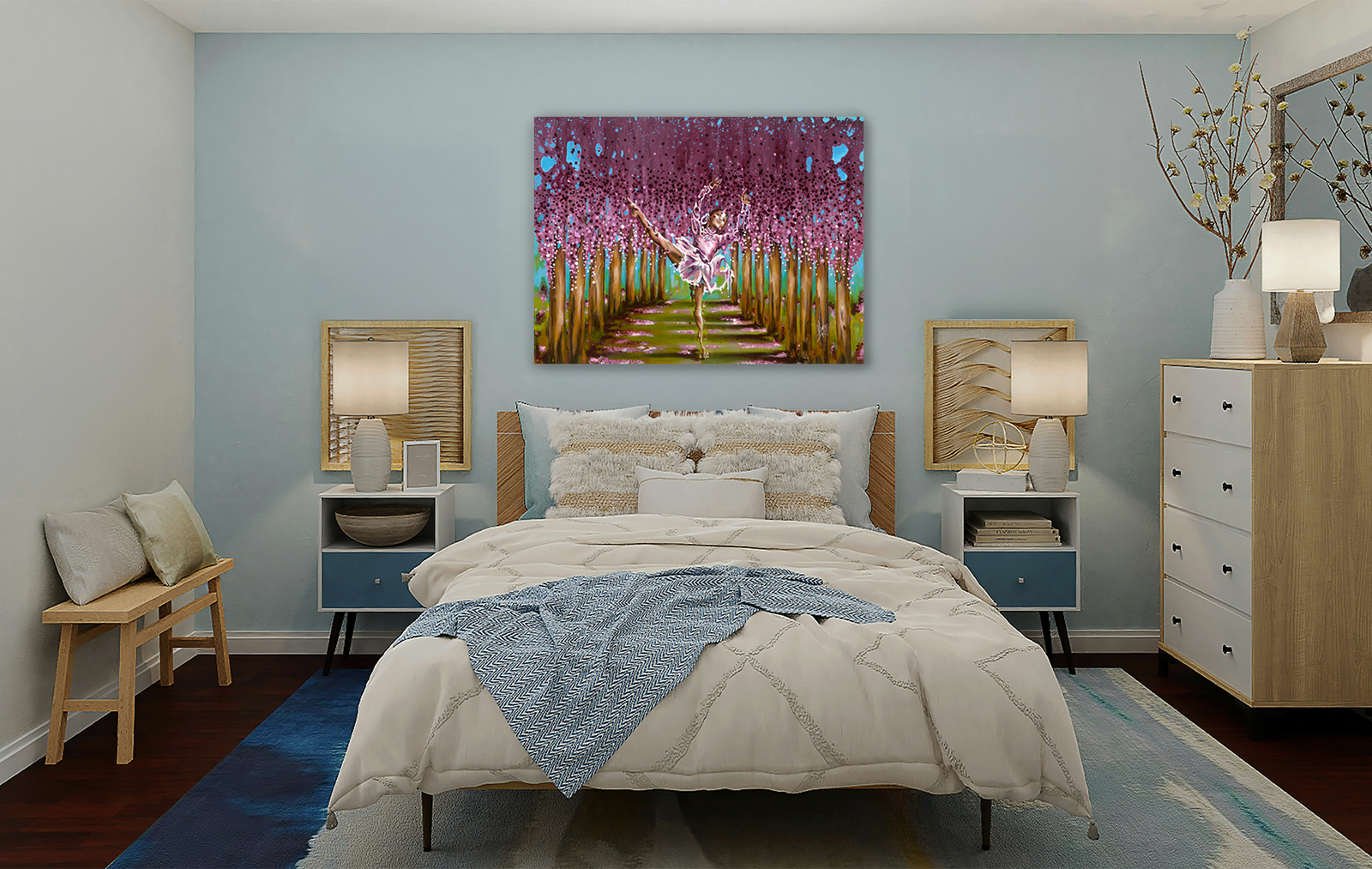 "Blossom" ballerina girl dancing in a colorful forest painting