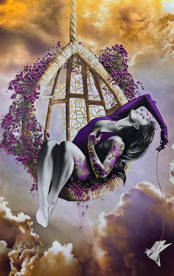 Breathe In- Painting of a woman on a swing in cloudy sky - Karina