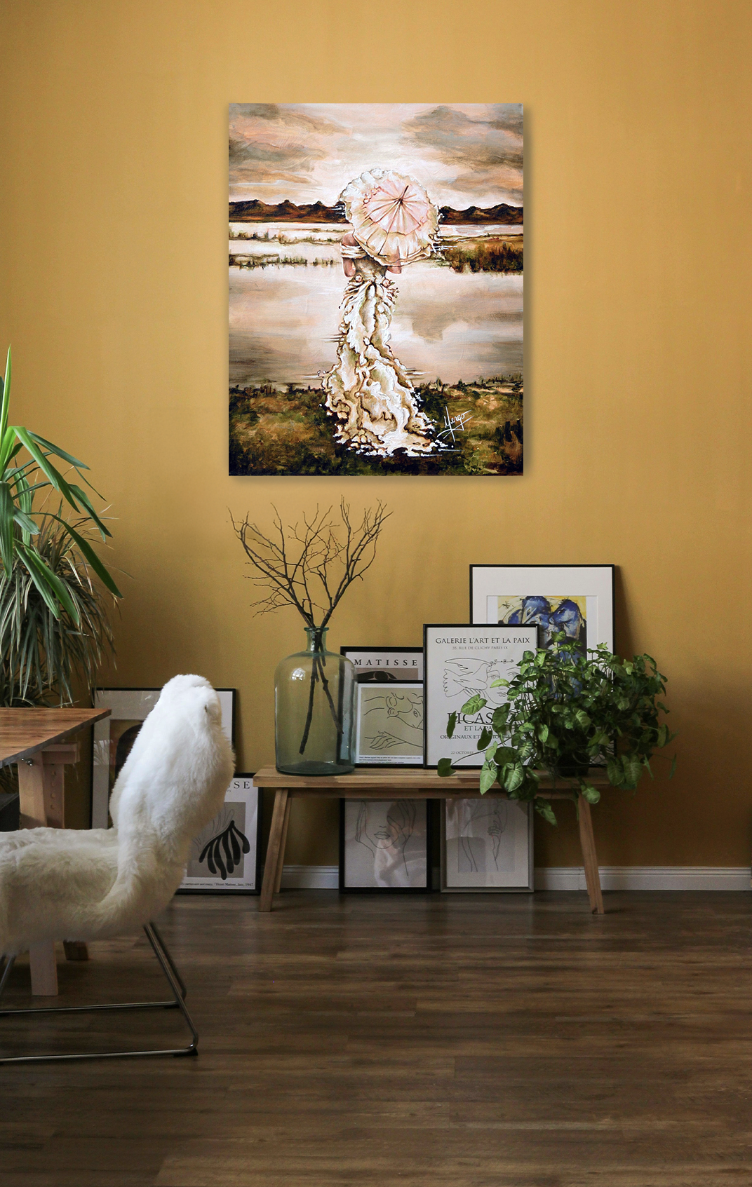 "Contemplation" figure painting of a woman by a lake with a white dress and umbrella