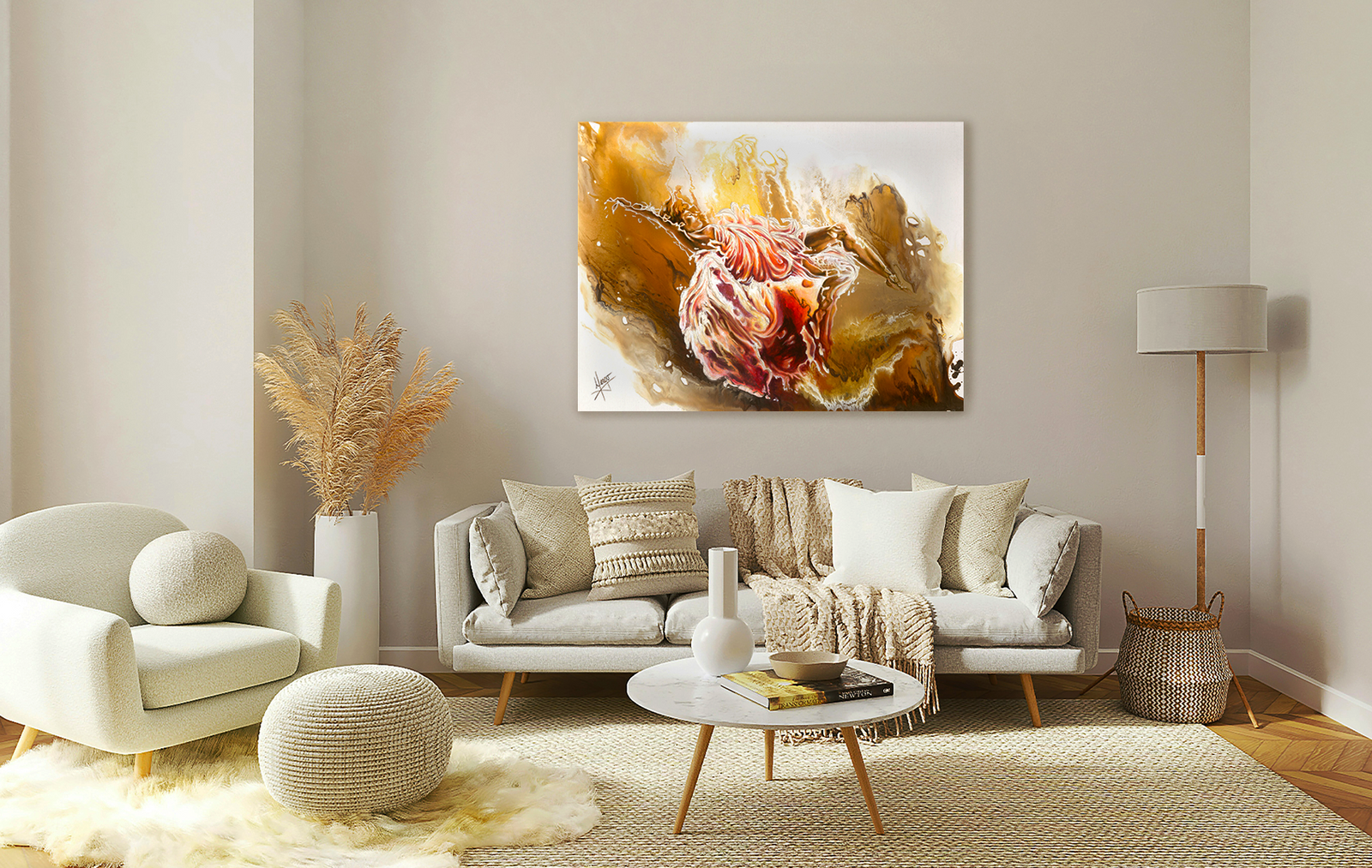 "Dare" figurative embellished painting of a woman underwater with red and orange dress