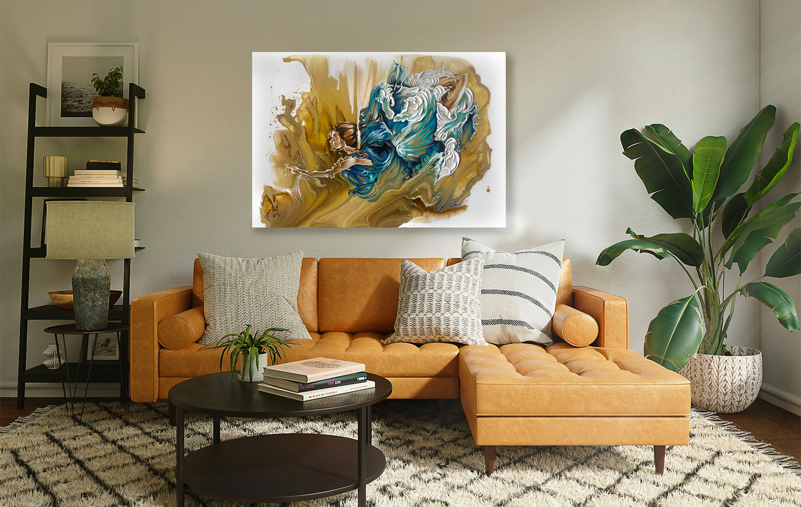 "Deliver" figurative painting of a woman underwater with blue dress embellished