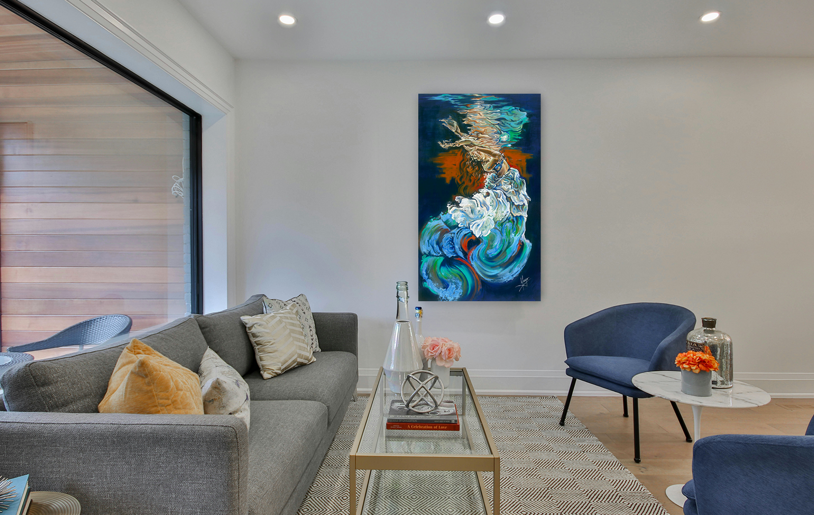 "Dive into your soul" figurative painting of a woman underwater with a blue and green dress embellished