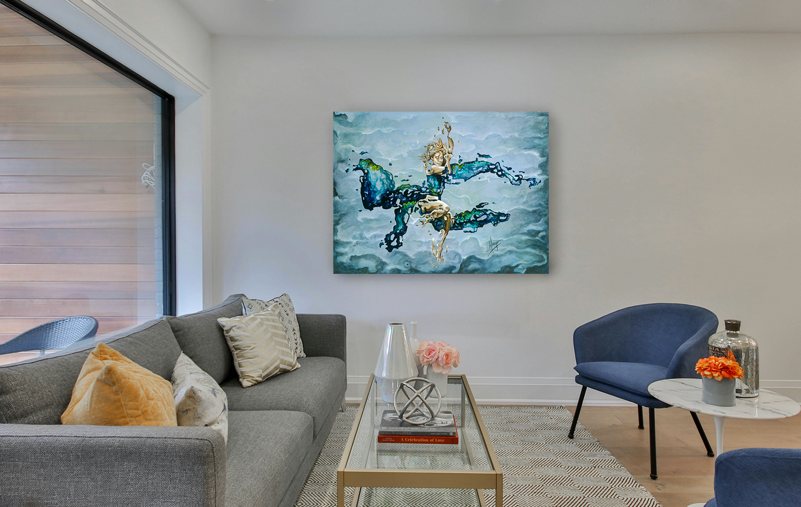 "Dream" woman underwater abstract figurative painting in blue