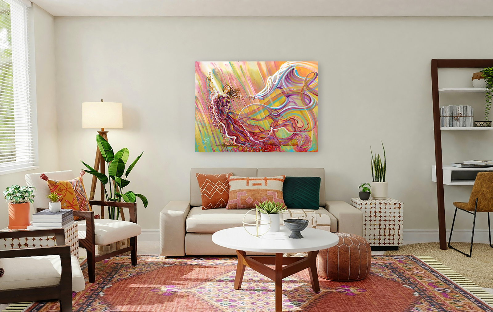 "follow your heart" woman dancer with colorful veil painting