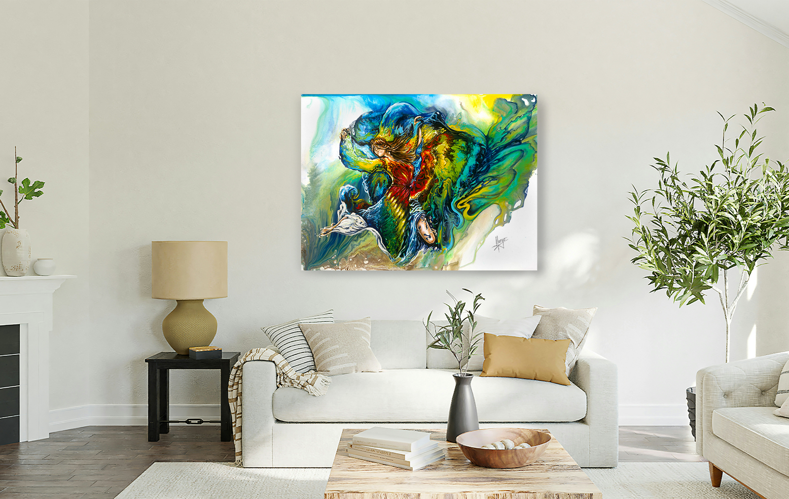 "Freedom" figurative painting of a woman underwater with colorful rainbow veil