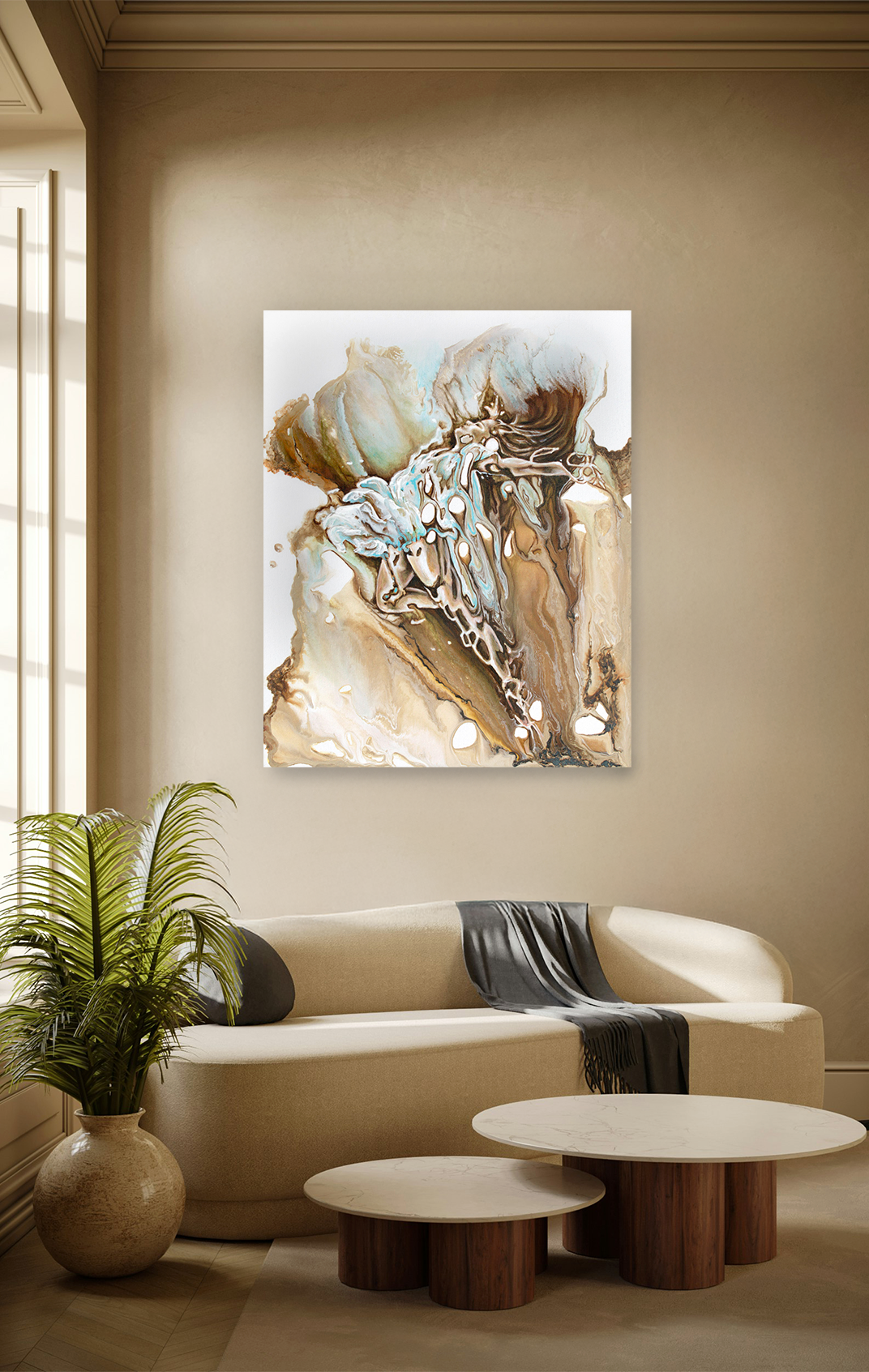 "Give" painting of a woman dancer floating or underwater with blue dress and drippings embellished