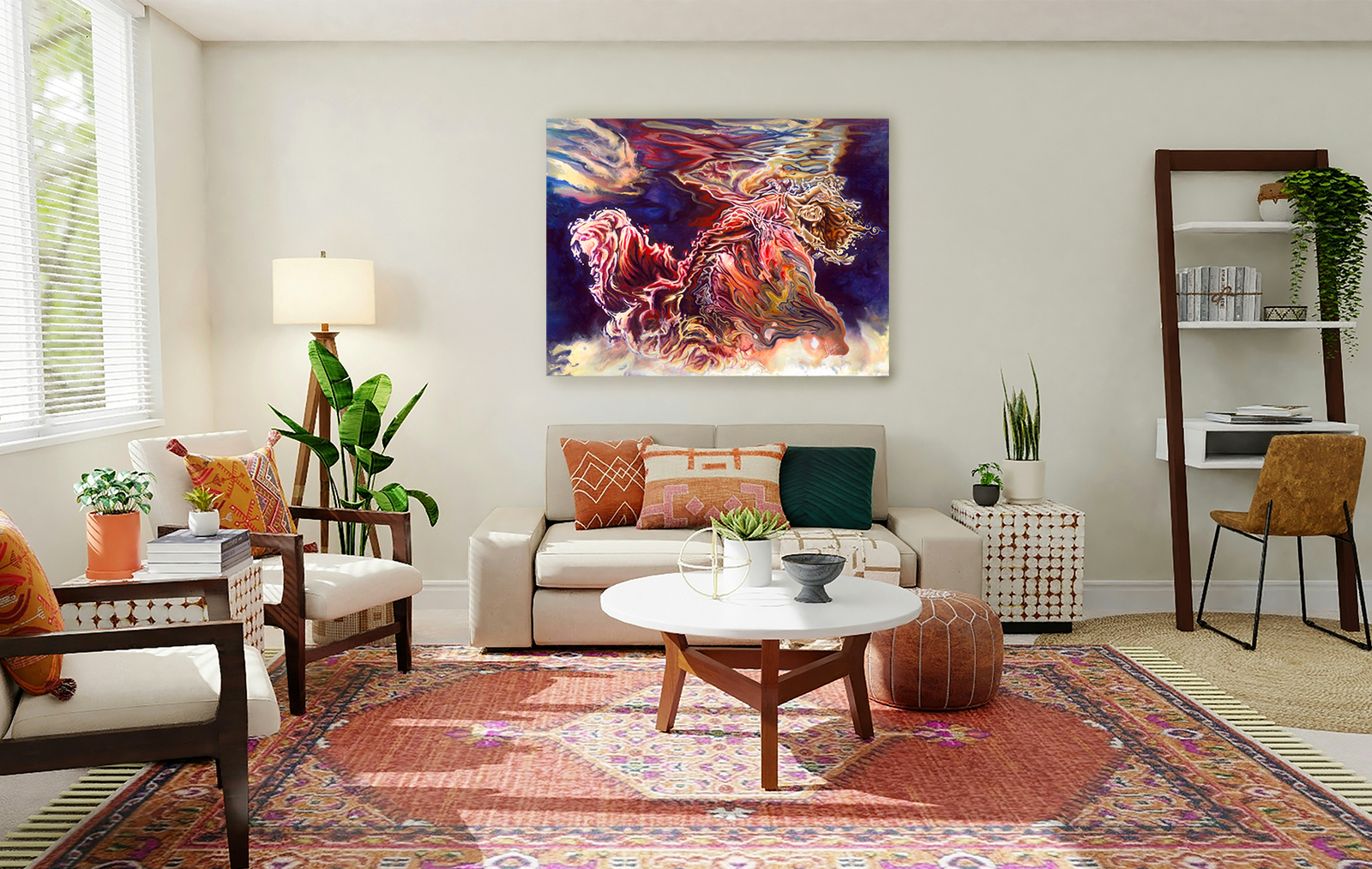 "Heart Open" abstract figurative painting of a woman underwater painting in red and blue