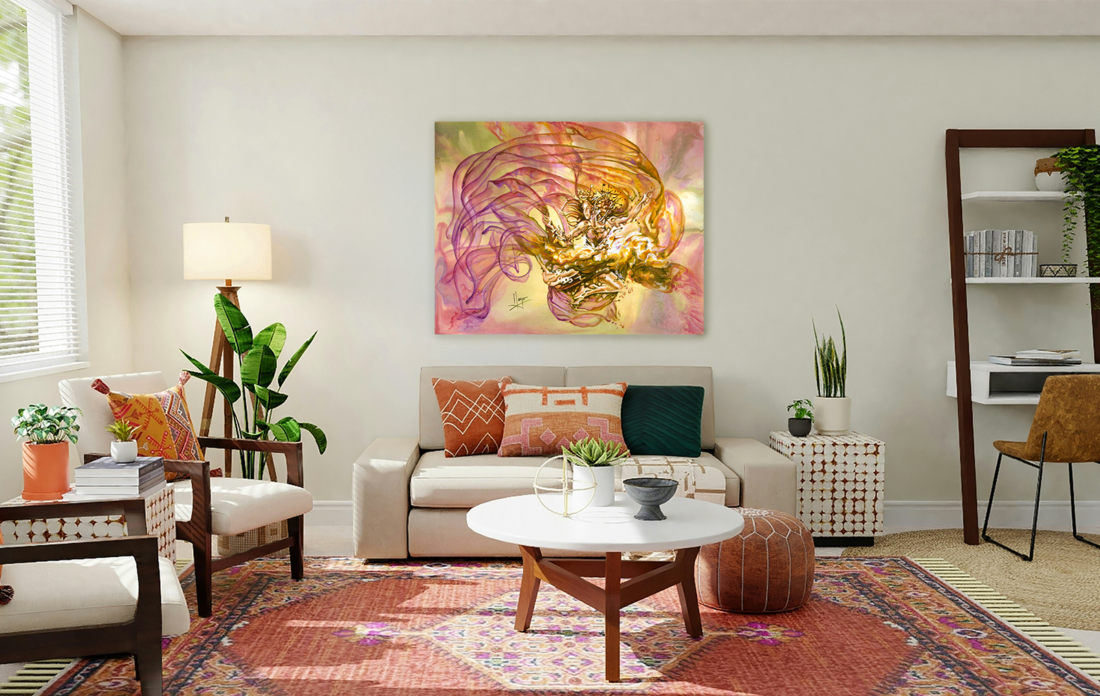 "Hope" woman dancer underwater in violet, ochre, and green colorful abstract and figurative painting