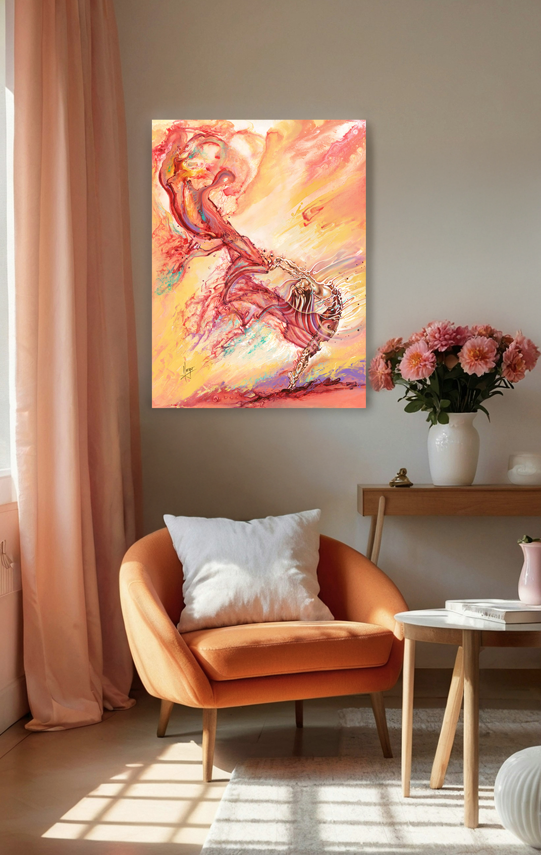 "live forward" woman dancer with red veil colorful painting 