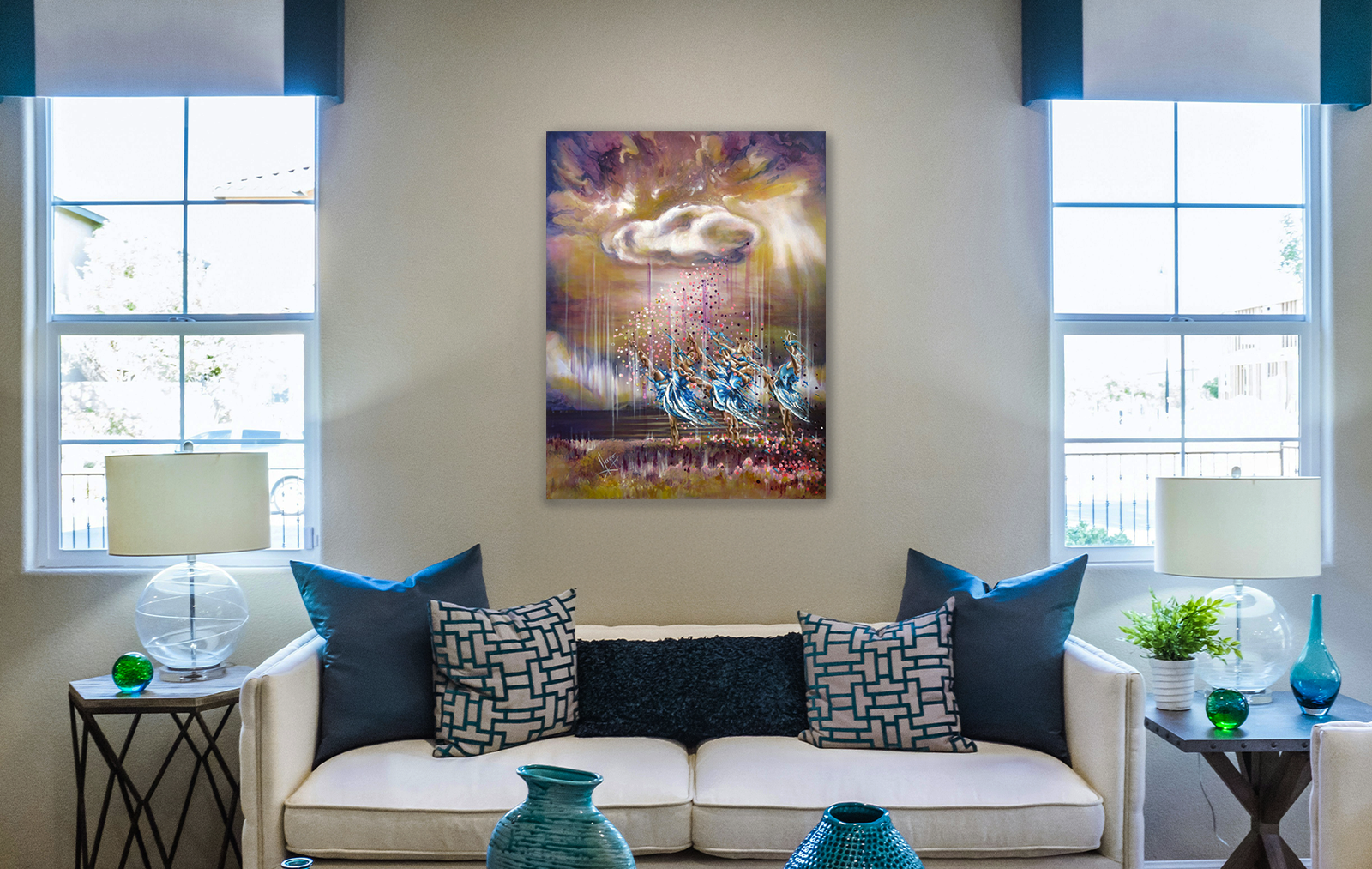 "Melody" figure painting of ballerina dancers in the rain with a landscape in purple