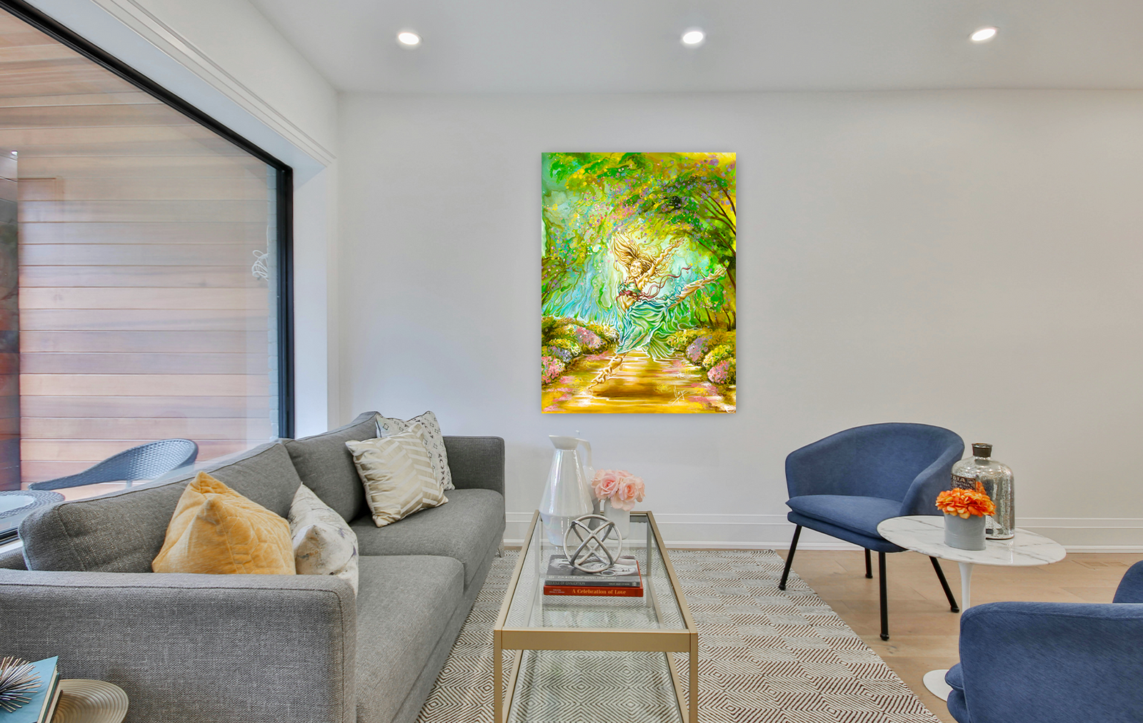 "Joy" colorful painting of a woman dancing in a Spring landscape