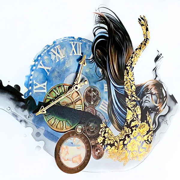 My time - Realistic figure woman painting floating with clocks