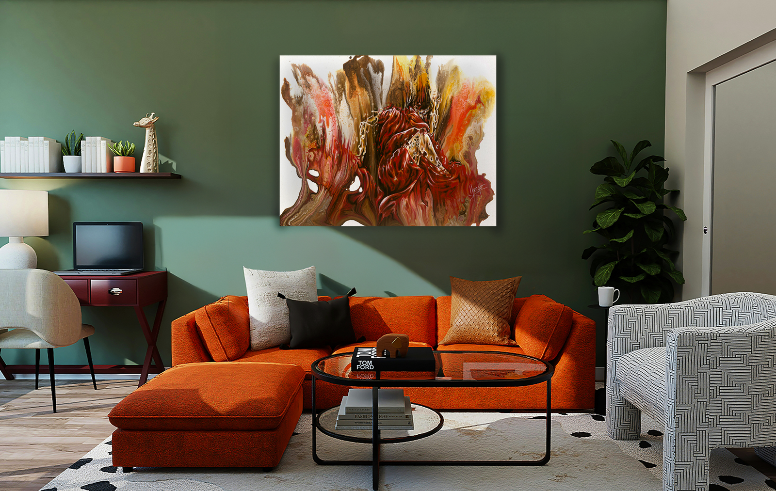 "Mystery" abstract figurative painting of a woman underwater with red dress and drippings