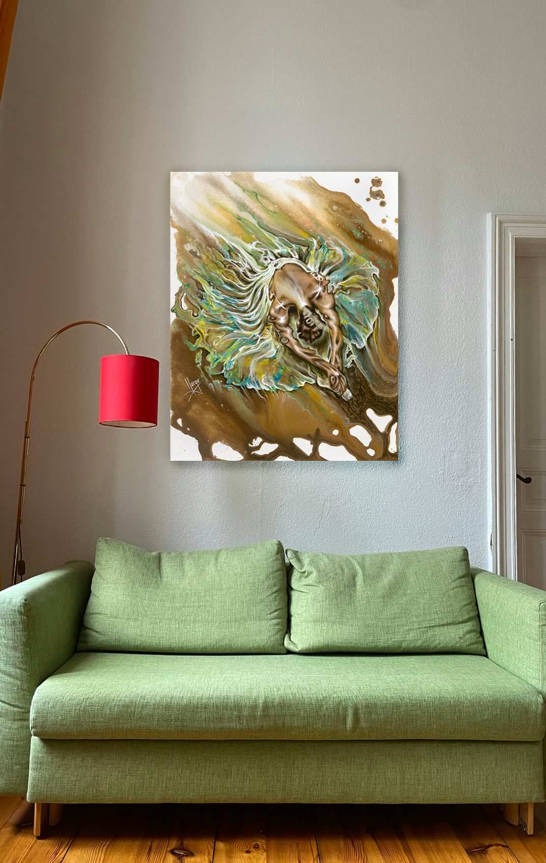 "Overcome" figurative painting of a ballerina with green and blue dress embellished