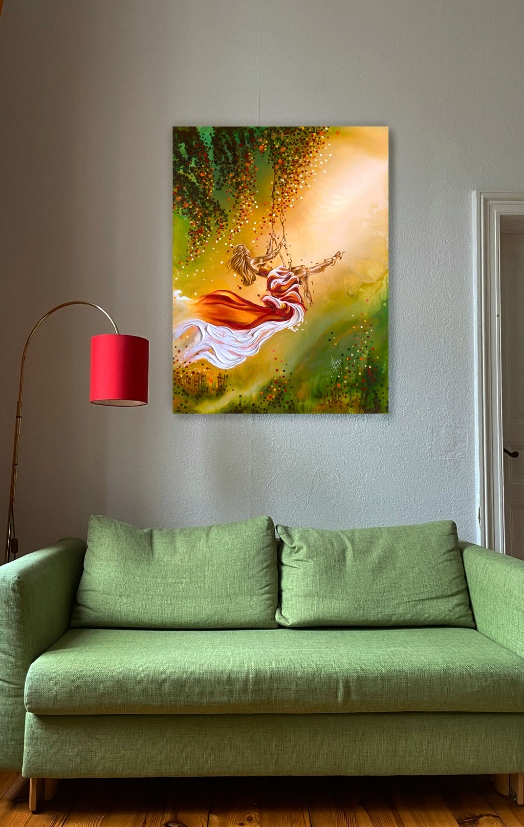 "Search for the Sun" colorful figure painting of a woman on a tree swing with red dress outside