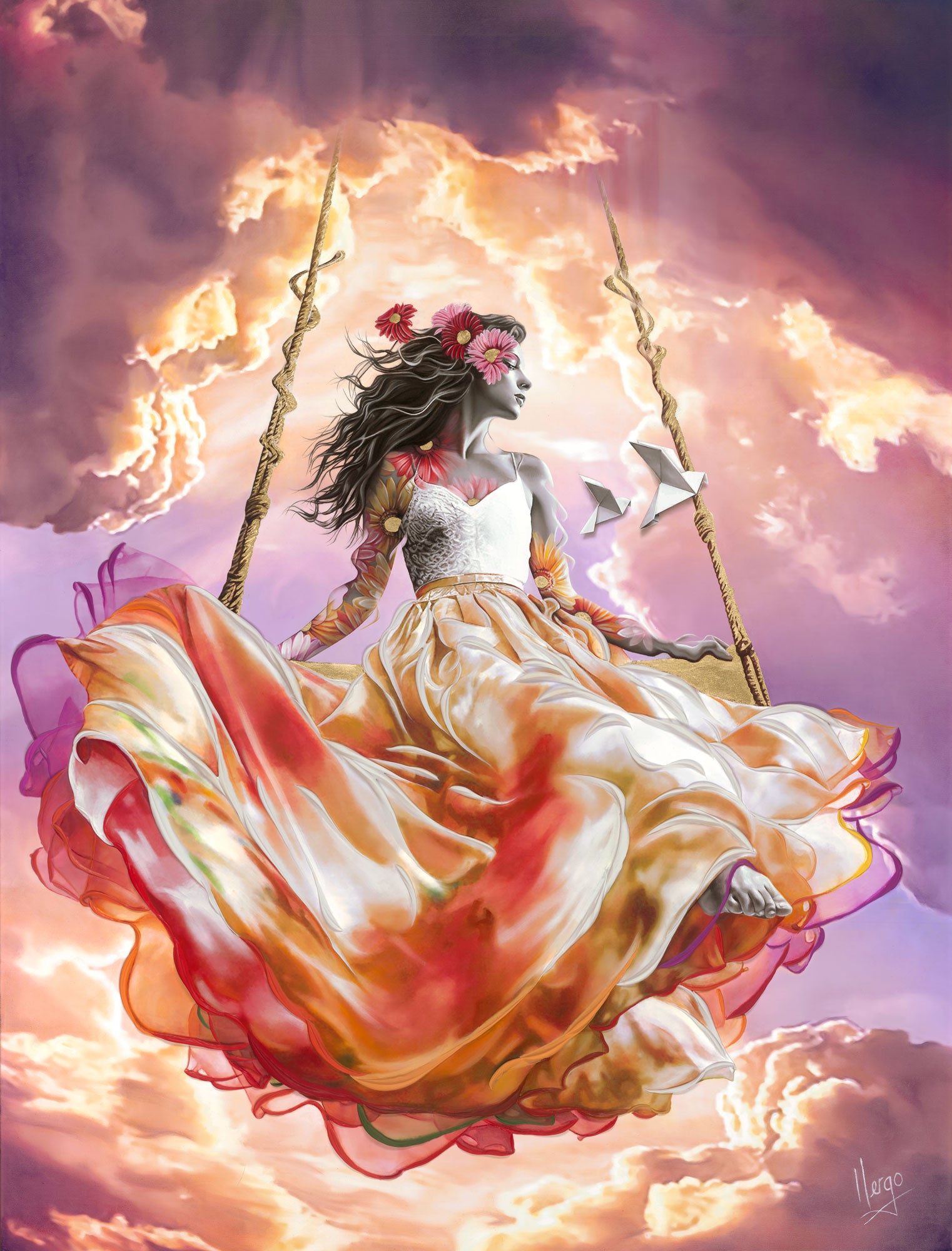 Painting of a woman on a swing emerging from a stormy cloudy sky with origami birds