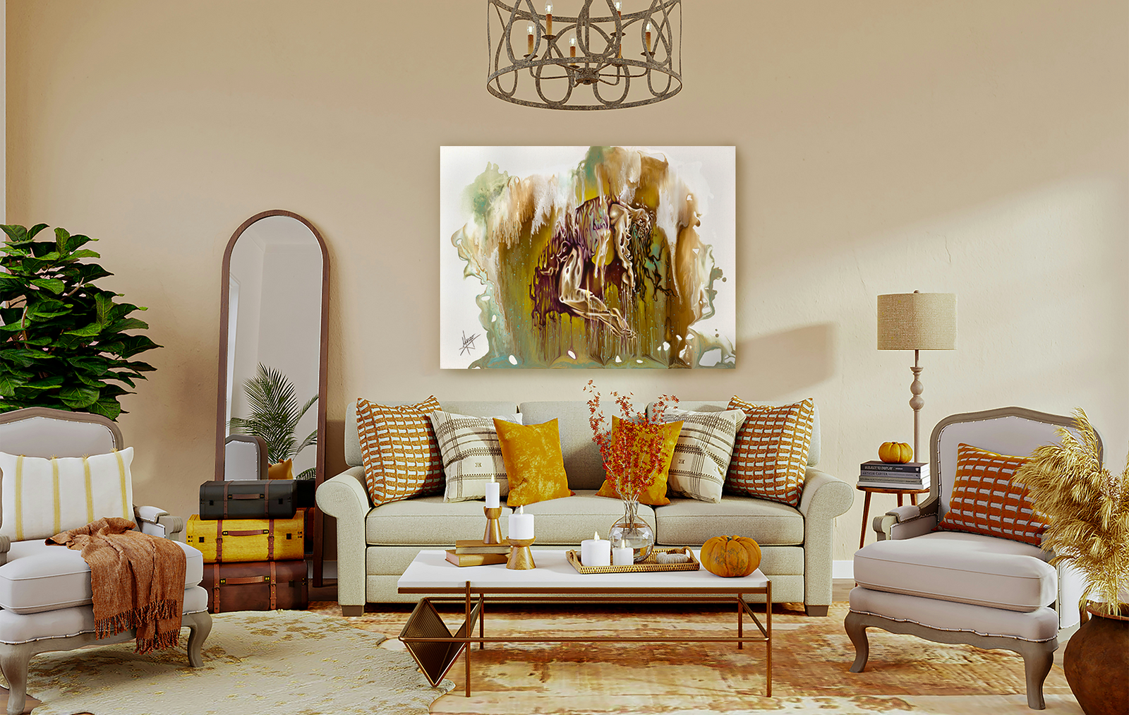 "Surrender" abstract figurative painting of a woman suspended in the air with drippings