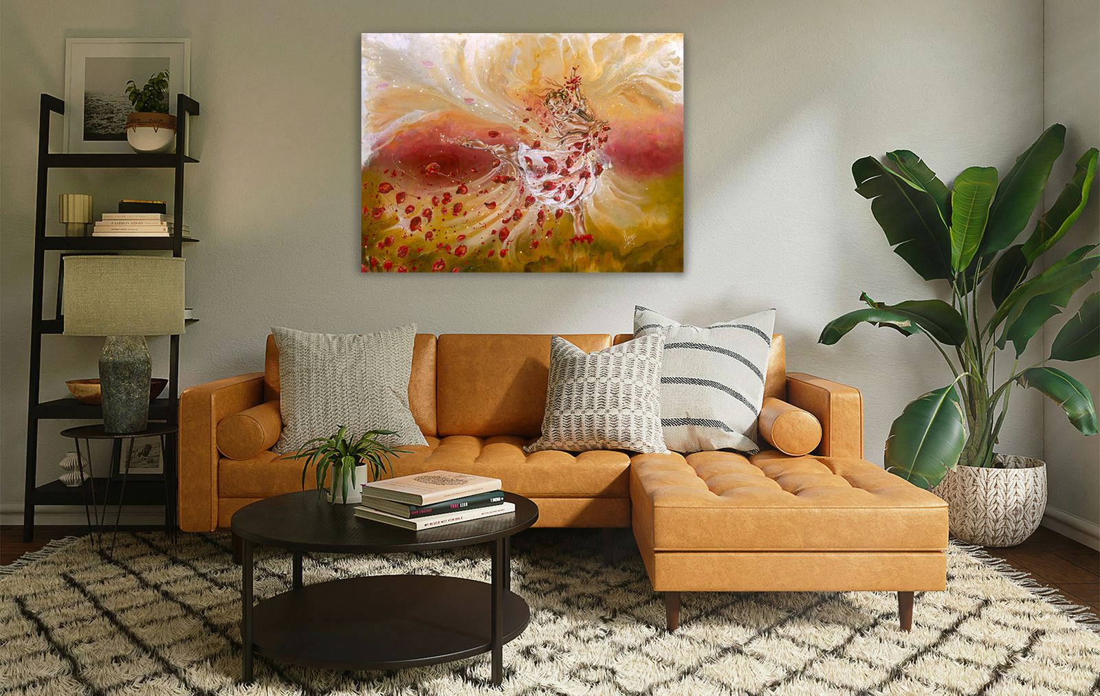 "Take my breath away" colorful figure painting of a girl dancer with flower petals