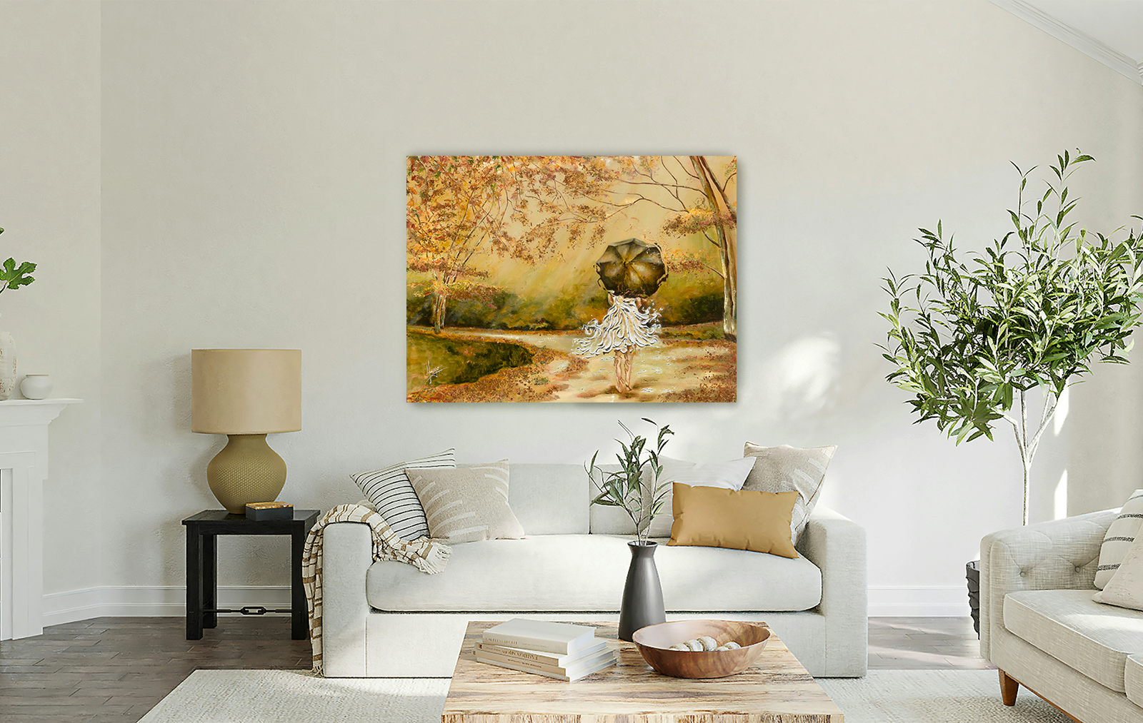 "The Road" painting of a woman walking on a leafy road with an umbrella in the fall