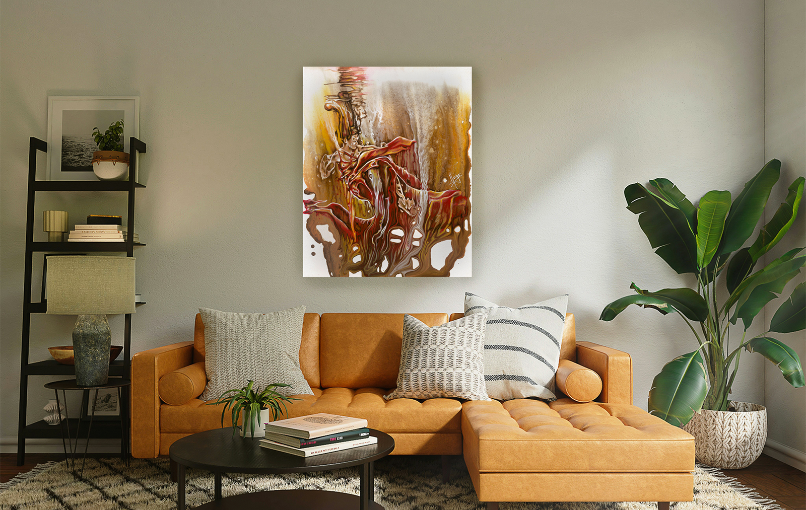 "Undertake" woman underwater with red dress figurative and abstract painting with drippings