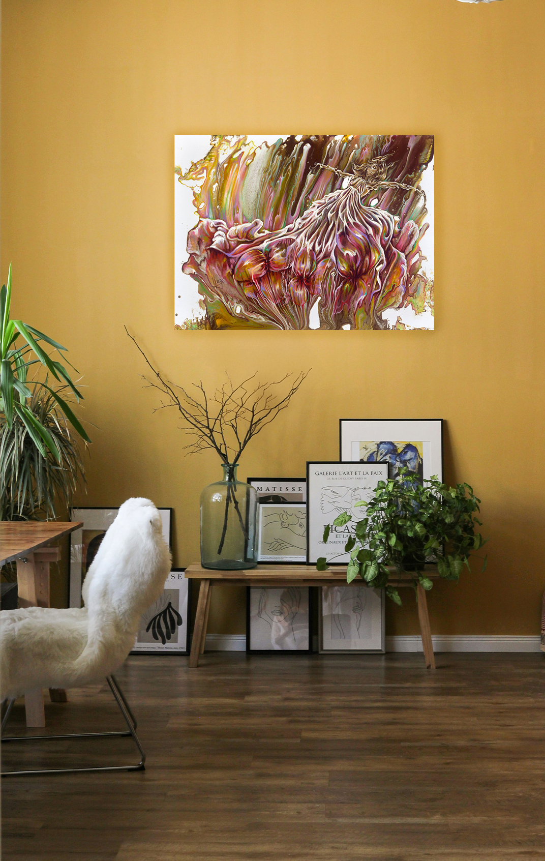 "Where the soul takes me" abstract figurative painting of a woman suspended in the air with floral dress with drippings