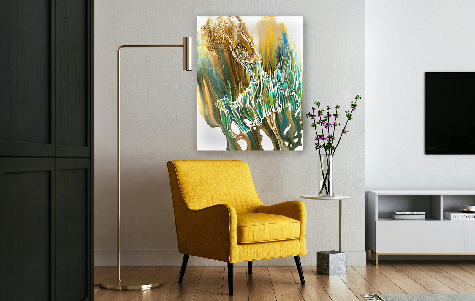 "Whisper" woman floating underwater with blue and green dress figurative painting