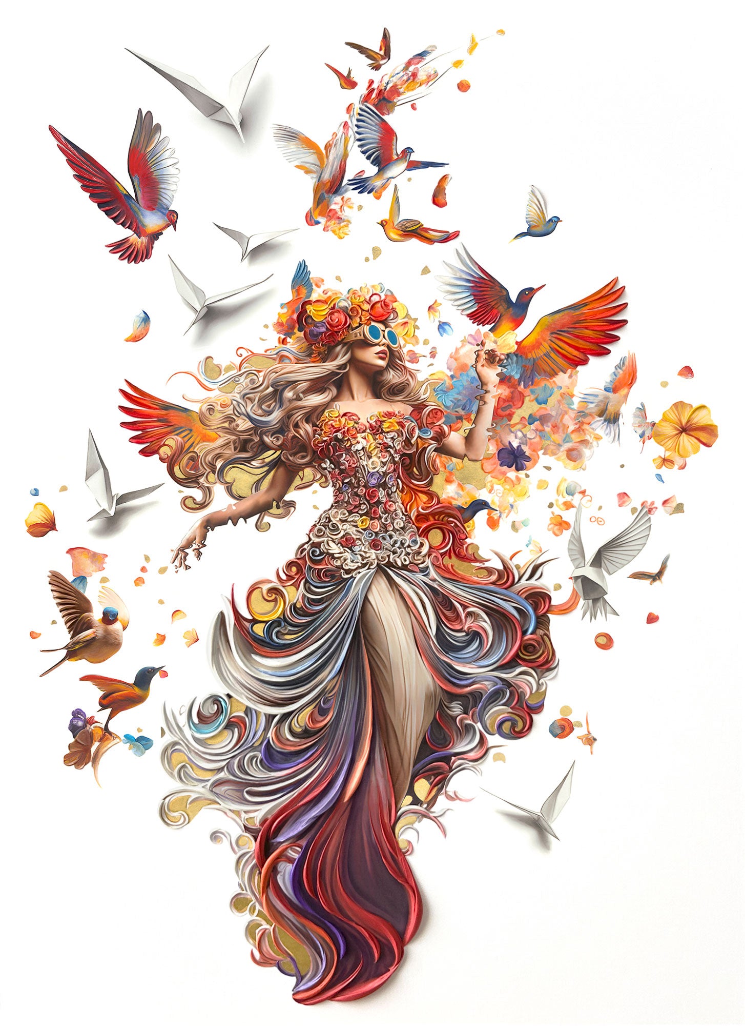 Wings of freedom- Original painting of a woman with birds - Karina