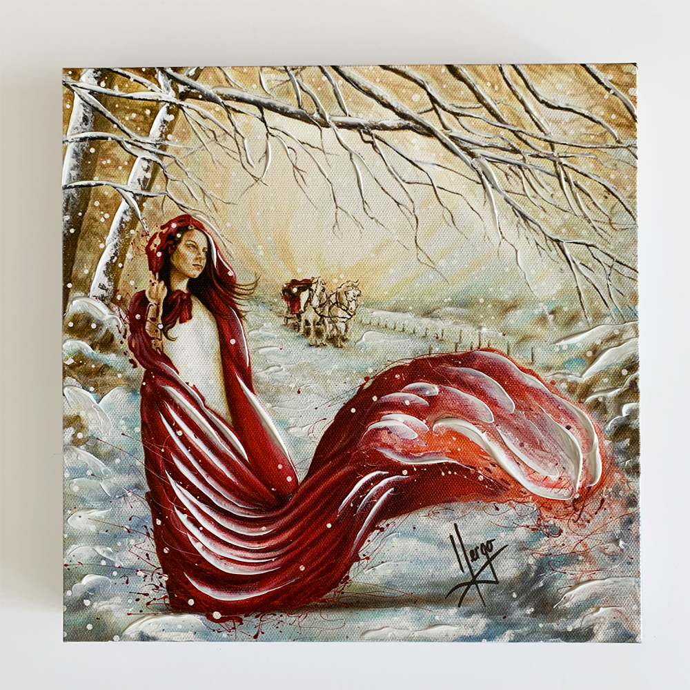 Figurative painting of a woman with red hood in Winter landscape - Karina Llergo Art Figurative painting of a woman with red hood in Winter landscape - Karina Llergo Art