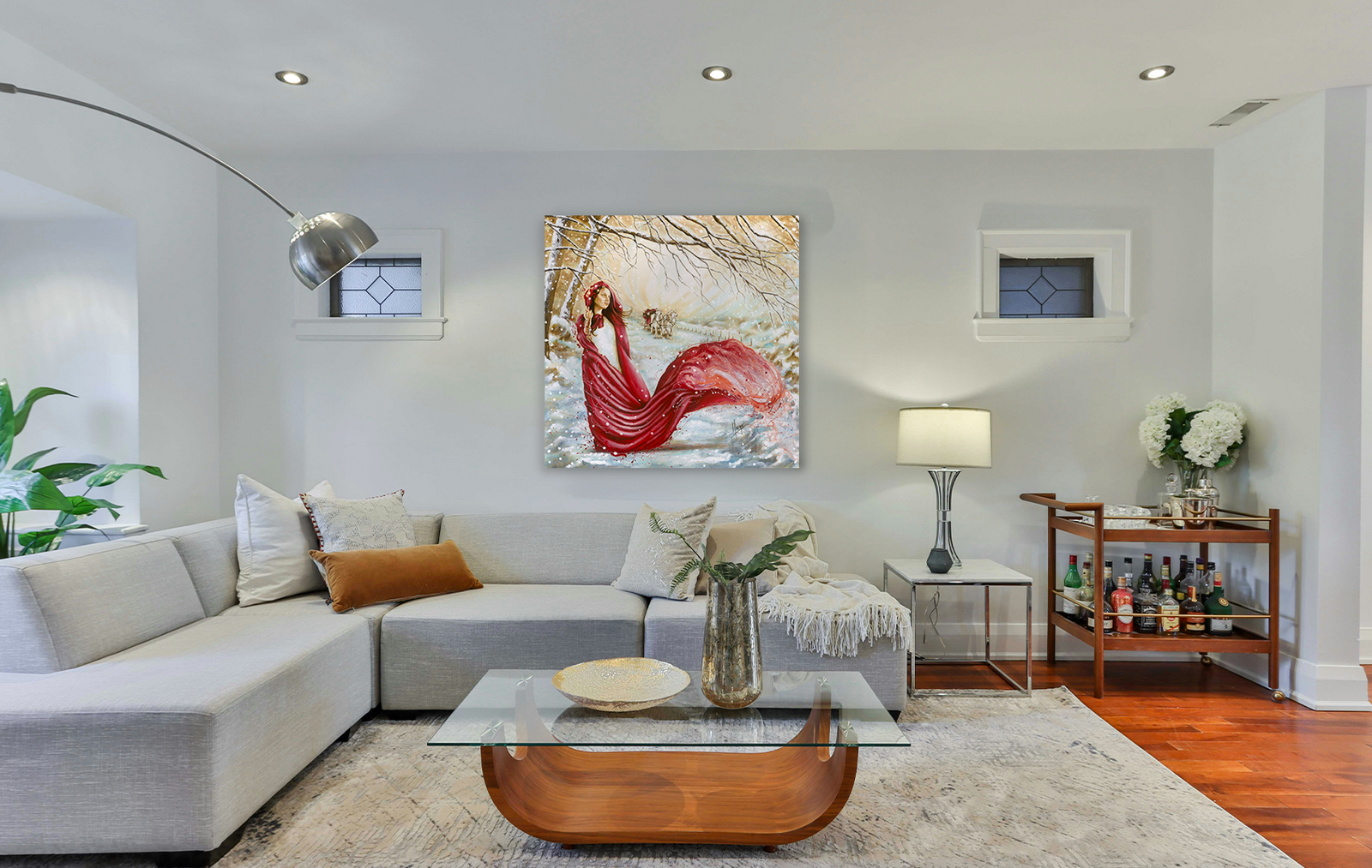 "Winter scent" figure painting of a woman with red hood and cape on a winter landscape, snow, and horse