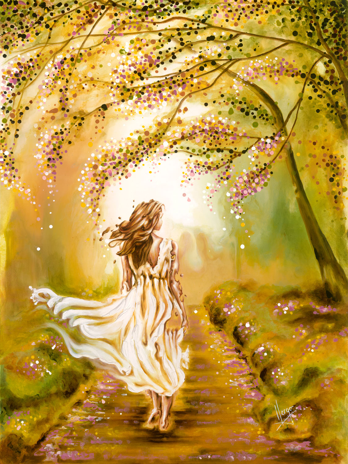 "A Walk in the Park" figure painting of a woman walking in a park in the spring with white dress