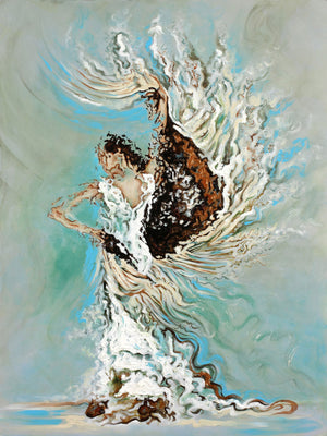 Figurative woman flamenco dancer painting with mantle in teal  blue