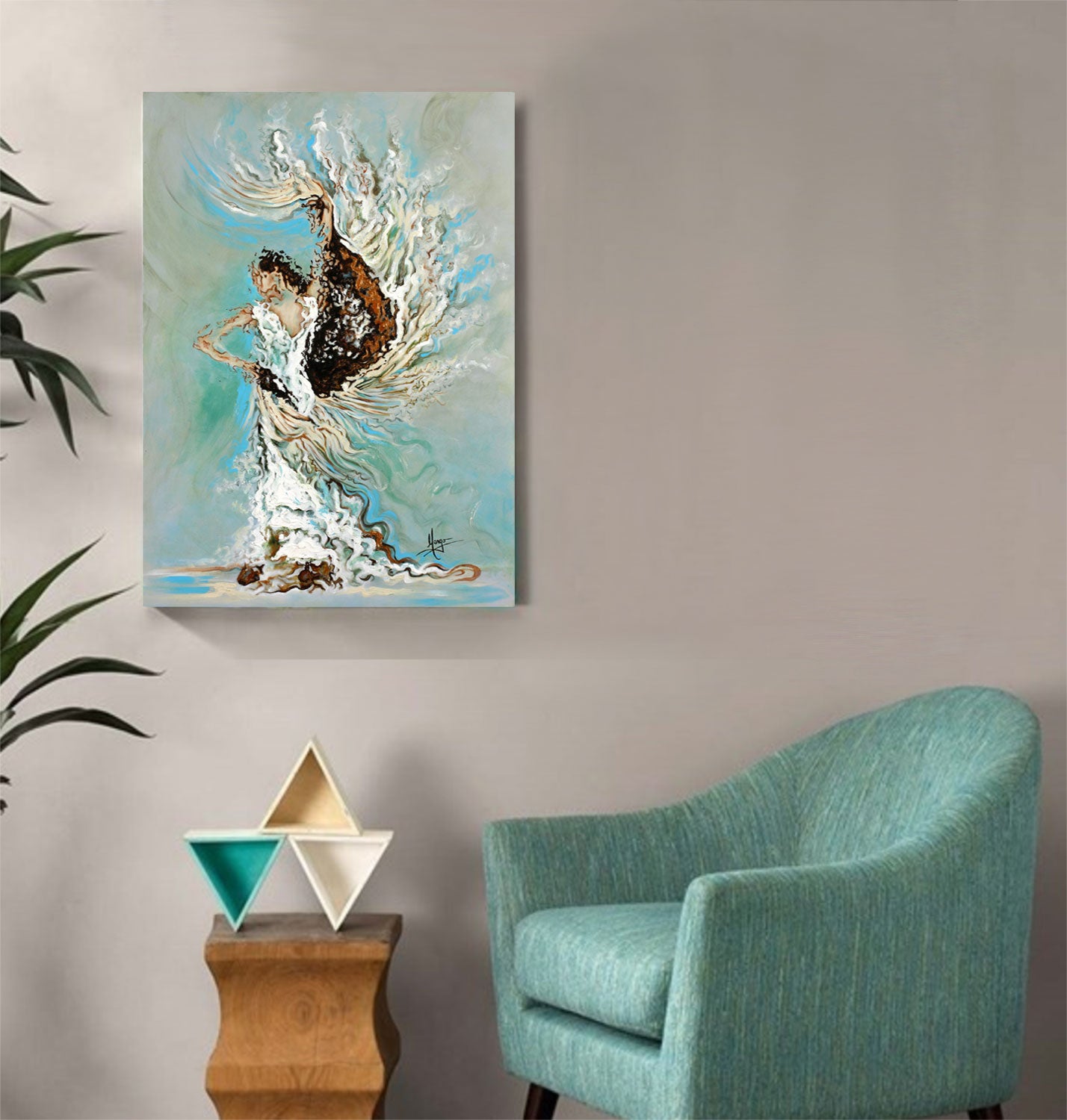 Embellished Figurative woman flamenco dancer painting with mantle in teal blue and texture