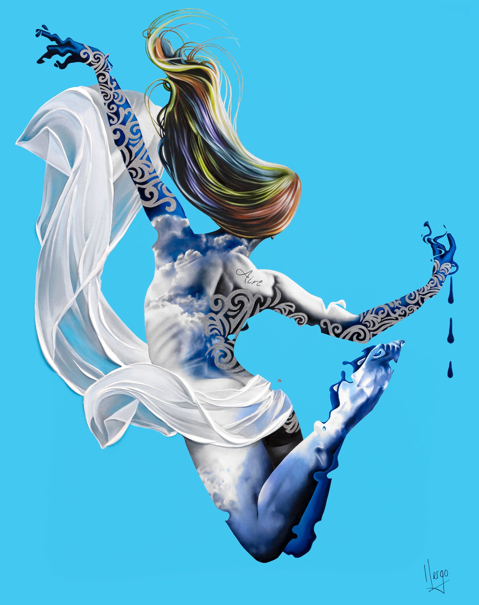 Aire - Air woman painting floating with clouds and white veil in blue