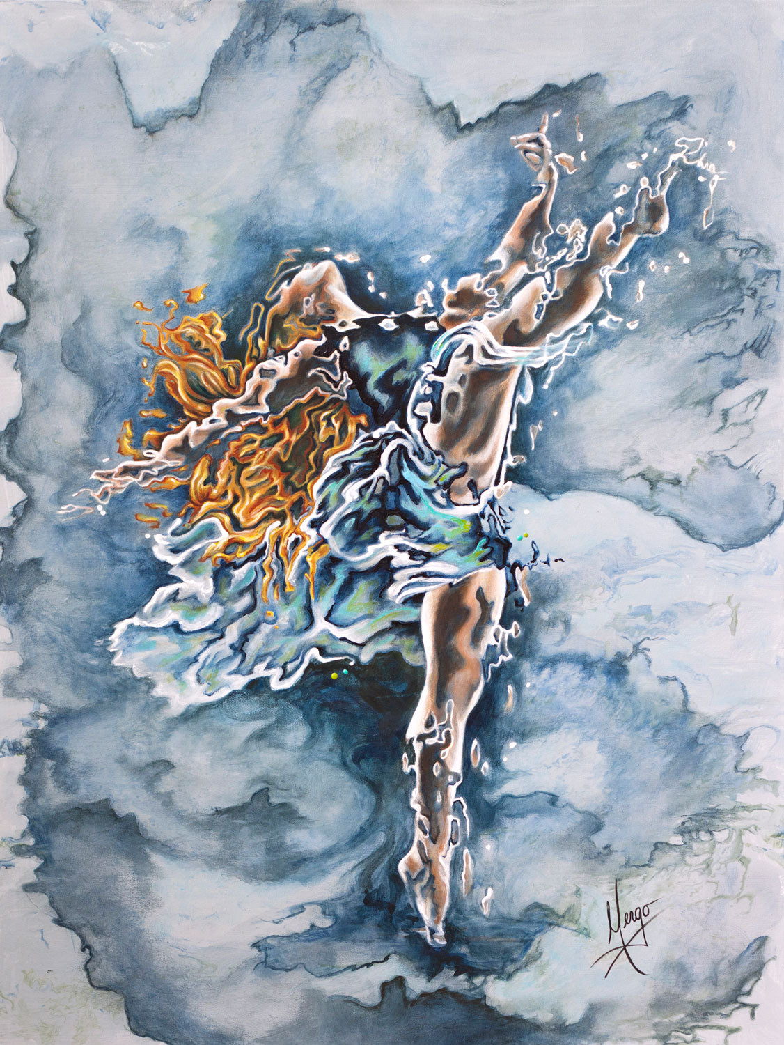 "Believe" figurative painting of a woman dancer in blue