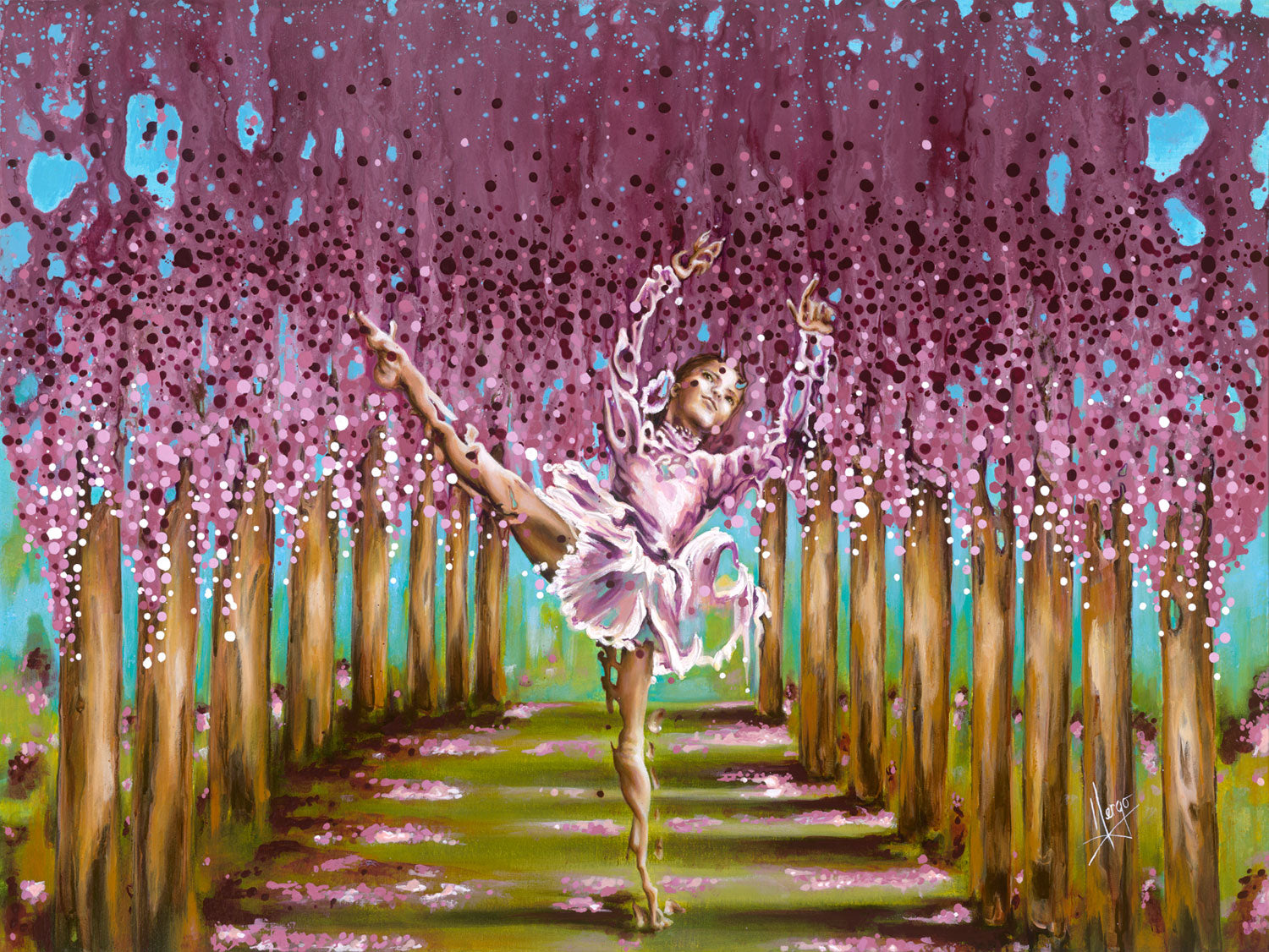 "Blossom" ballerina girl dancing in a colorful forest painting