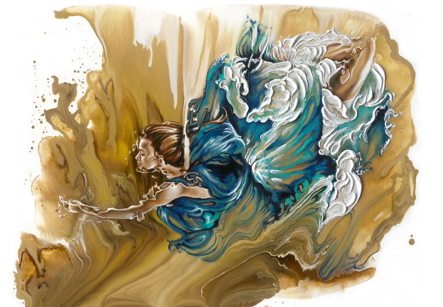 "Deliver" figurative painting of a woman underwater with blue dress embellished