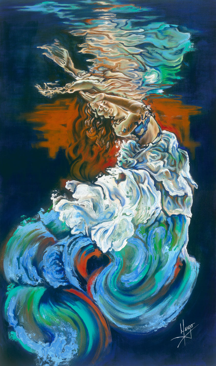 "Dive into your soul" figurative painting of a woman underwater with a blue and green dress embellished