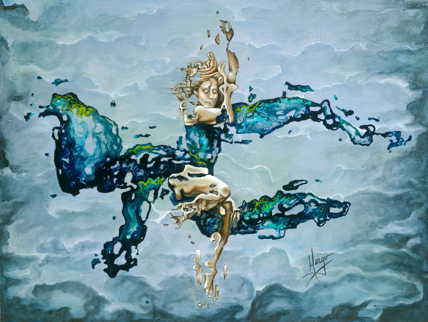 "Dream" woman underwater abstract figurative painting in blue
