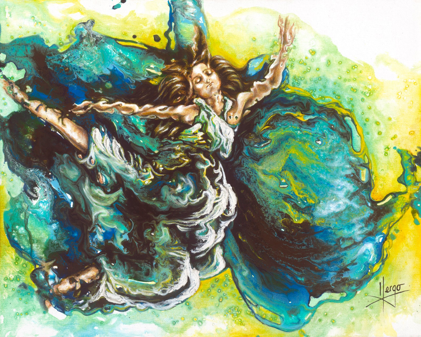 "Embrace" figurative painting of a woman underwater with blue and green dress embellished