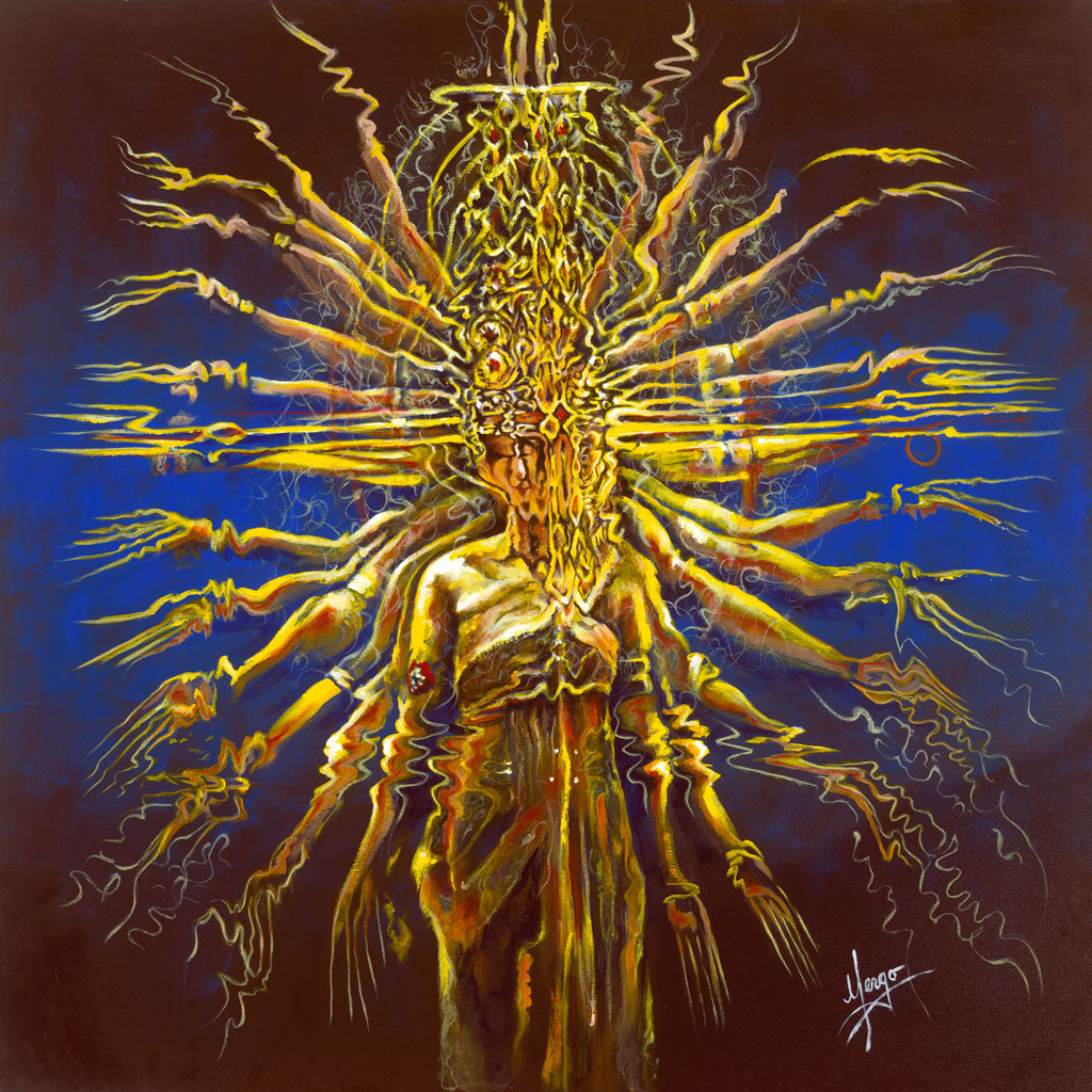 "hands of compassion" abstract painting of a thousand hand dancer in blue and yellow 