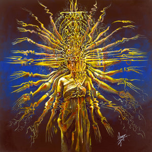 Abstract Figure Painting of a thousand hand dancer in blue and yellow