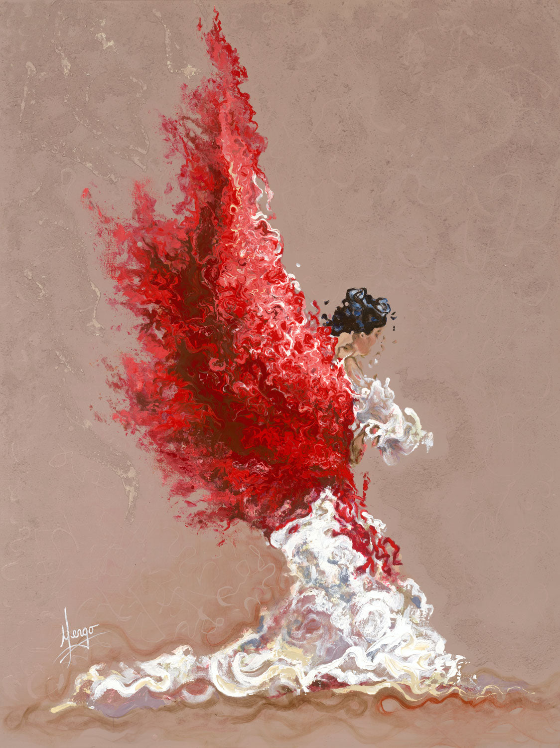 "Fire" Figurative painting of a flamenco dancer with white dress and red mantel