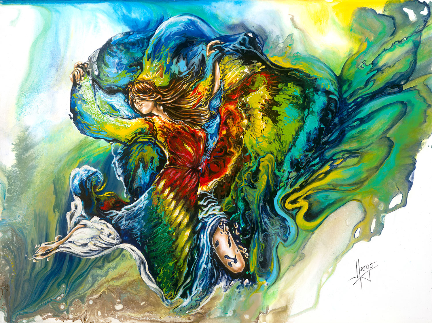 "Freedom" figurative painting of a woman underwater with colorful rainbow veil